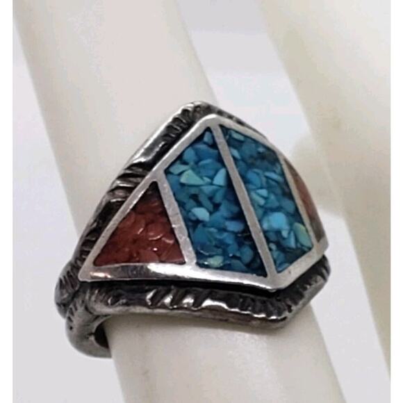 Vintage Native American Navajo Turquoise Coral Inlay Sterling Silver Ring 5.75 - Picture 2 of 7